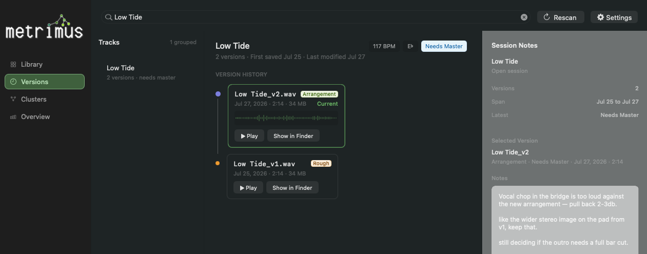 Metrimus versions panel showing grouped takes of a track with session notes